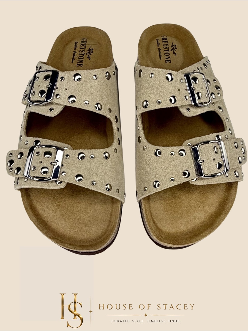 Greystone Genuine Suede Studded Double Buckle Slide Sandals - Picture 3 of 11